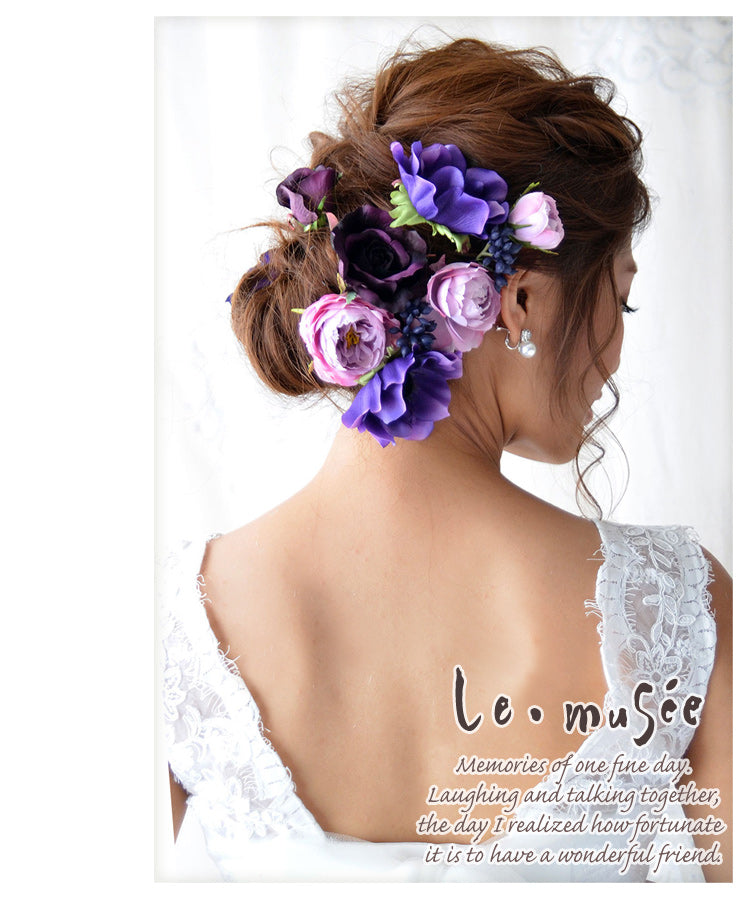 ヘッドドレス 花 ウェディング 紫の アネモネ とカップローズ