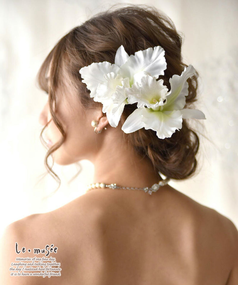 ヘッドドレス ウェディング 髪飾り 花 カトレア ホワイト