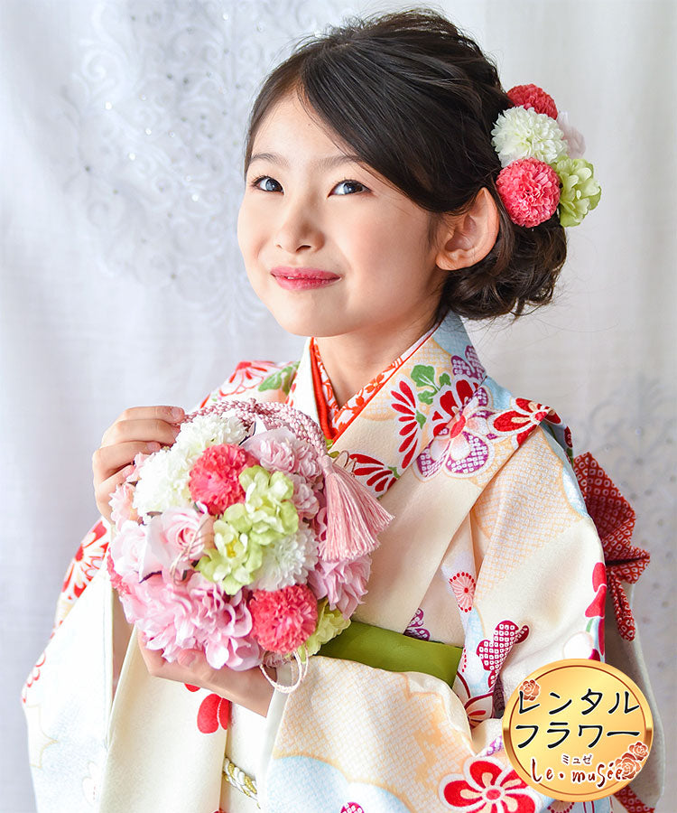 【レンタル】【七五三】【撮影小物】キッズ 和 造花 ボールブーケ ピンクパステル ヘッドドレス 付き