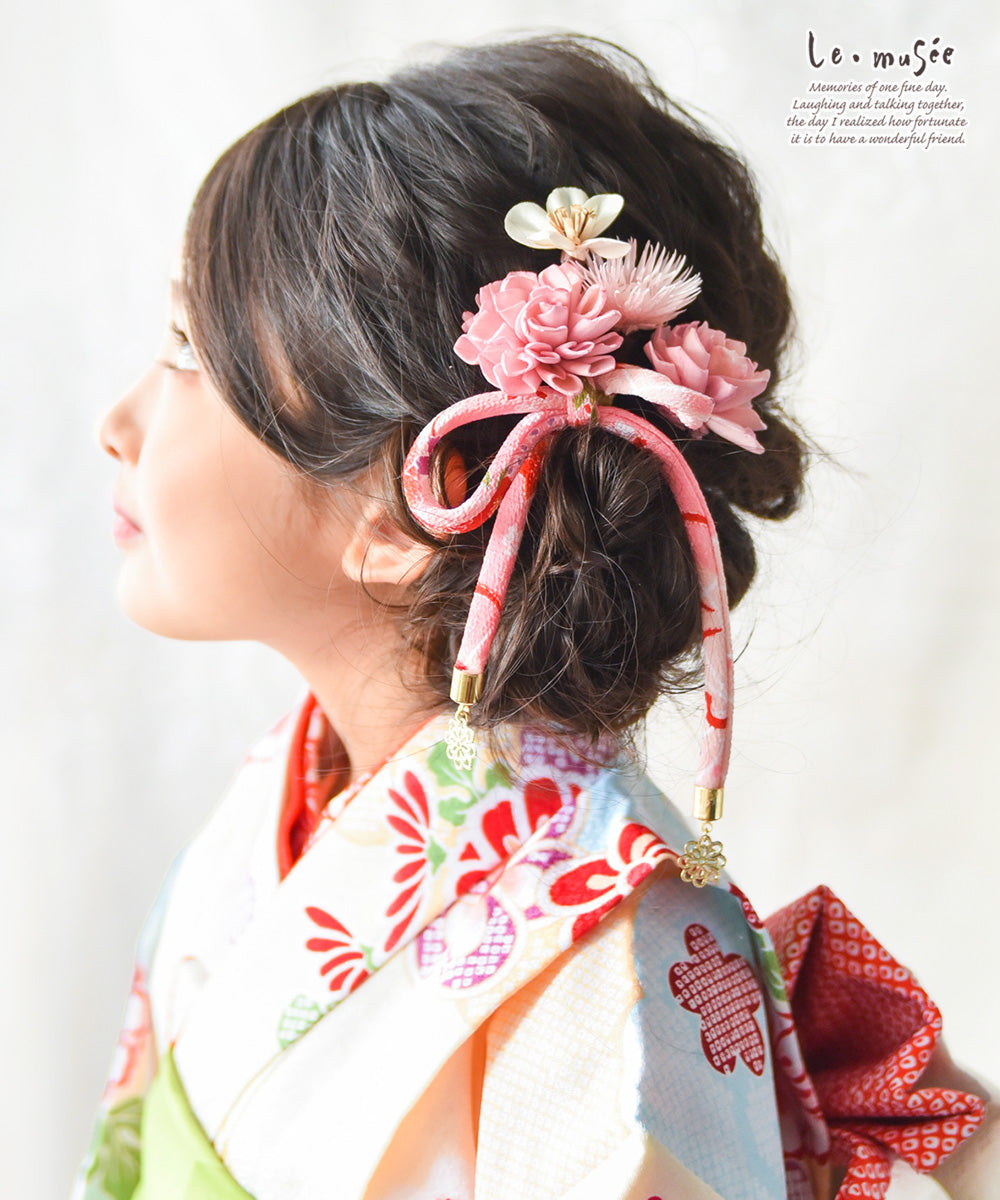 七五三　3歳　付属品一式プラス髪飾り 七五三（3歳さん向け）桜かんざしセット つまみ細工 ピンク 藤