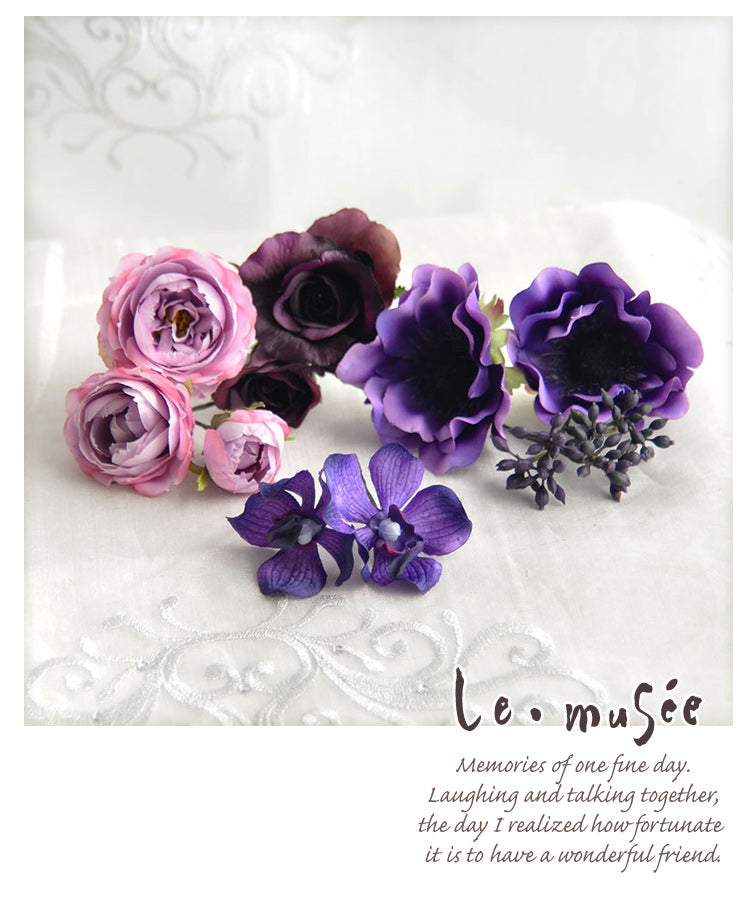 ヘッドドレス 花 ウェディング 紫の アネモネ とカップローズ