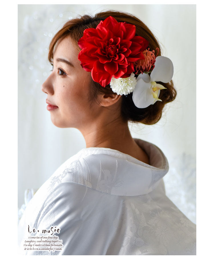 【レンタル】 ウェディングブーケ 和 造花 ピンクッションと晴れ菊のボールブーケ ブートニア＆ヘッドドレス 付き