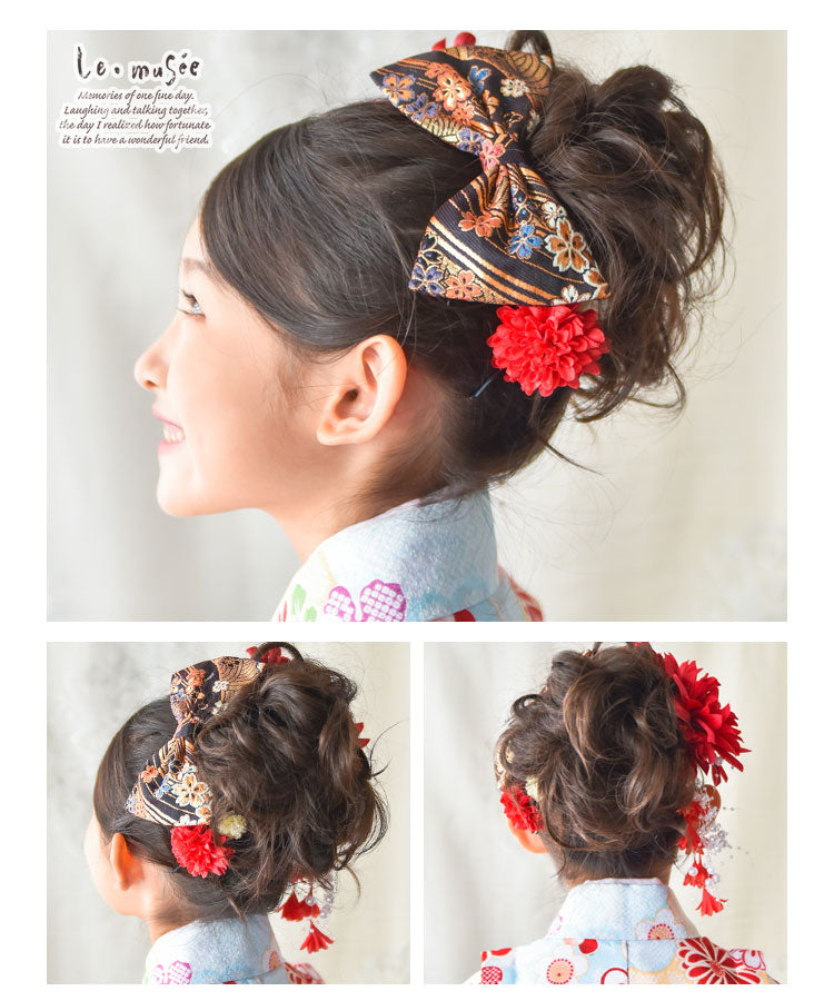【レンタル】【七五三】【撮影小物】キッズ 和 造花 ボールブーケ 紅白 ヘッドドレス 付き